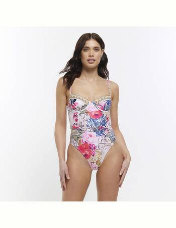 River Island printed ruched balconette swimsuit in pink