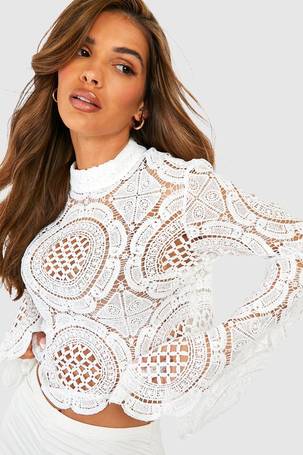 Glamorous cami crop top in white crochet