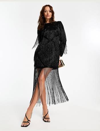 ASOS DESIGN sleeveless macrame studded mini dress with fringed hem in black