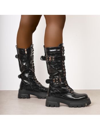 khaleesi black knit lace up chunky calf boots