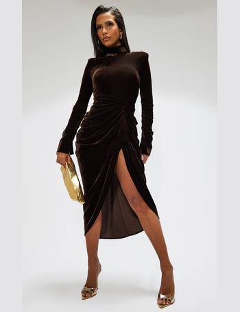 Black Velvet Long Sleeve Plunge Draped Midi Dress