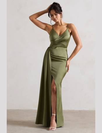 Lady Rosselini Olive Strappy Asymmetric Ruffled Maxi Dress – Club