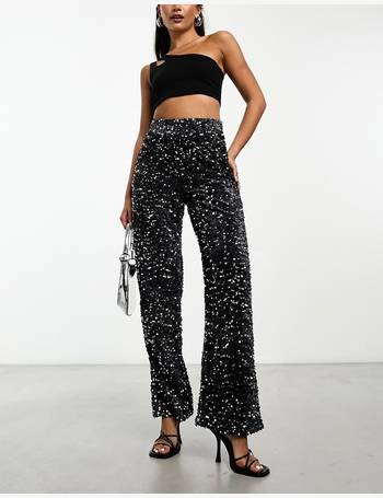 Pieces ribbed wide leg trousers in black glitter