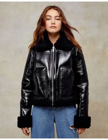 Topshop Tall Faux Leather Shearling Aviator Biker Jacket In Black