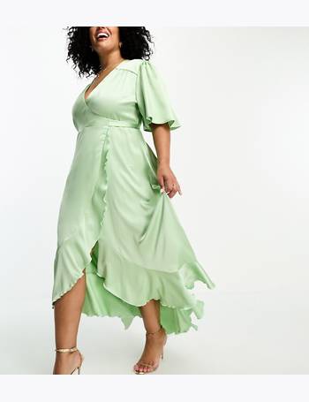Flounce London satin long sleeve wrap maxi dress in emerald green, ASOS