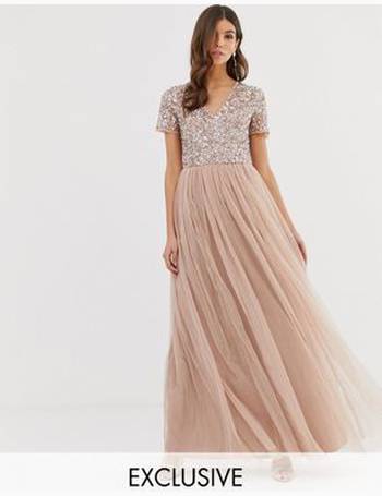 maya bridesmaid halter neck maxi tulle dress with tonal delicate sequins in taupe blush