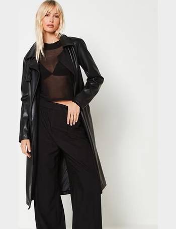 Missguided Petite Faux Leather Contrast Trim Trench Coat