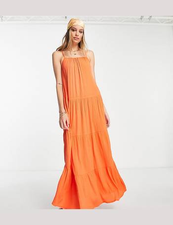 Bright Orange Cheesecloth Strappy Tiered Cami Dress