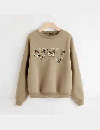 butterfly and letter embroidered drop shoulder sweatshirt