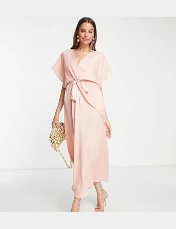 Flounce London satin kimono sleeve midi dress in sage satin