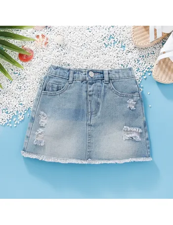 SHEIN Teen Girls Ripped Raw Hem Denim Shorts