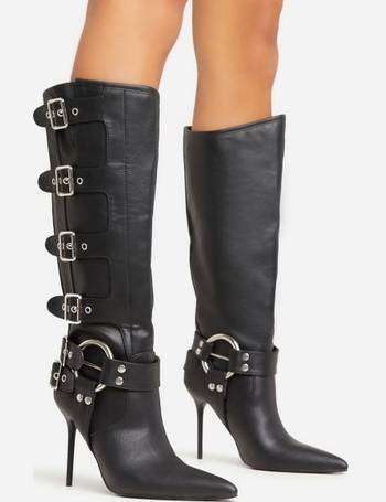 Black Cleated Sole Buckle Ring Detail Mid Calf Boots