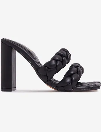 turntup woven square peep toe mule in black faux leather