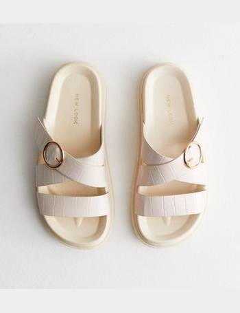 Off White Leather-Look Chunky Buckle Sliders