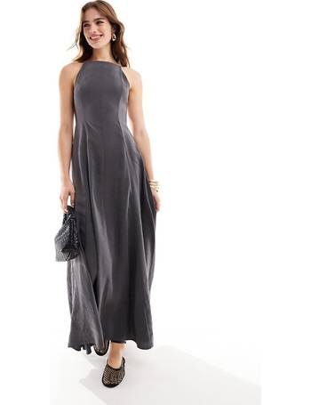 ASOS DESIGN satin high neck drape maxi dress with open back and high split  in champagne