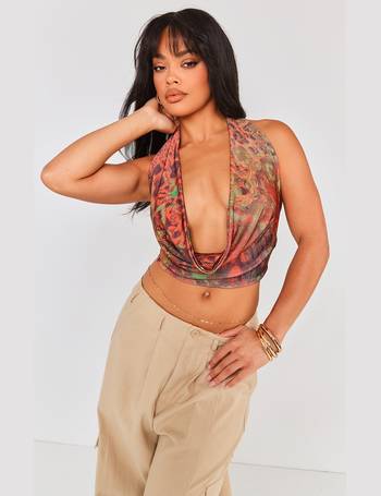 Stone Acetate Slinky Halter Cut Out Crop Top