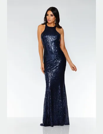 navy sequin cross back fishtail maxi dress