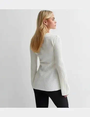 Petite Stone Ribbed Knit Long Flared Sleeve Top