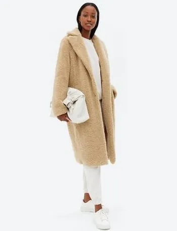 cream teddy faux fur long coat