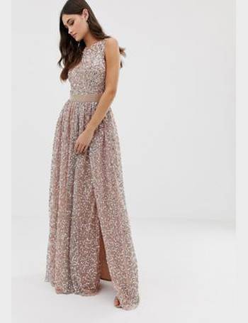 maya bridesmaid halter neck maxi tulle dress with tonal delicate sequins in taupe blush