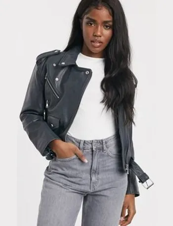 ASOS DESIGN washed premium real leather biker jacket in grey