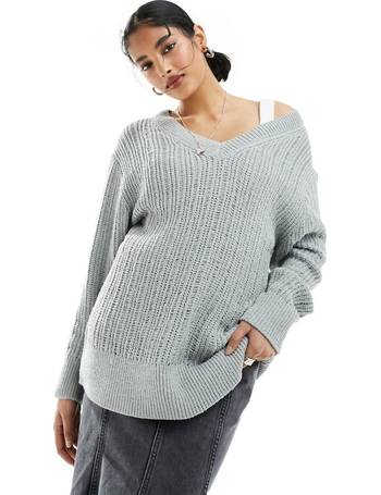 COLLUSION cable knit oversized collar zip through jumper in grey marl