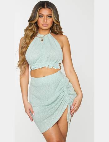 Stone Stretch Woven Halter Neck Side Crop Top