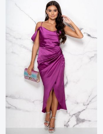 Dream Of You Hot Pink Satin Bandeau Wrap Padded Cup Midi Dress