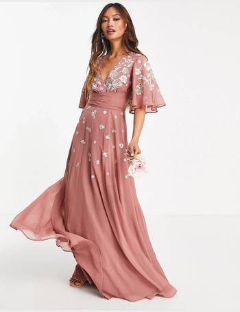 ASOS DESIGN Bridesmaid pleated flutter sleeve maxi dress with satin wrap  waist