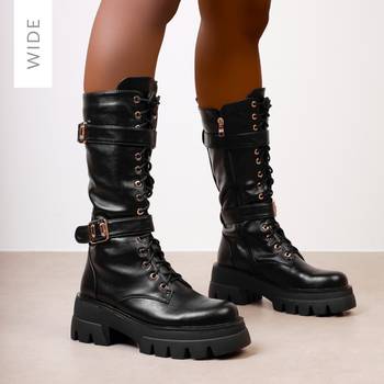 khaleesi black knit lace up chunky calf boots