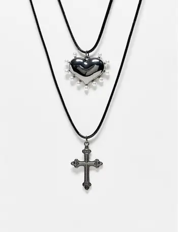 Reclaimed Vintage unisex grunge cord necklace with heart charms in ecru