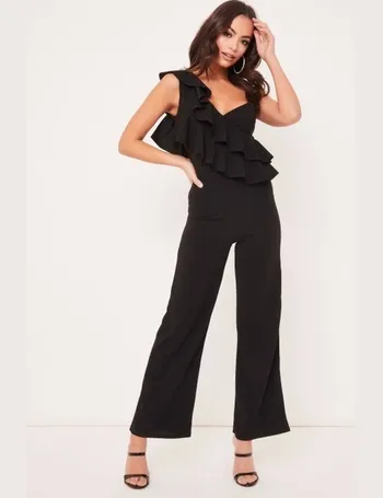 Black One Shoulder Frill Jumpsuit –