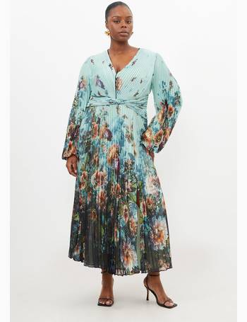 Plus Size Scattered Floral Print Pleated Split Maxi Dress