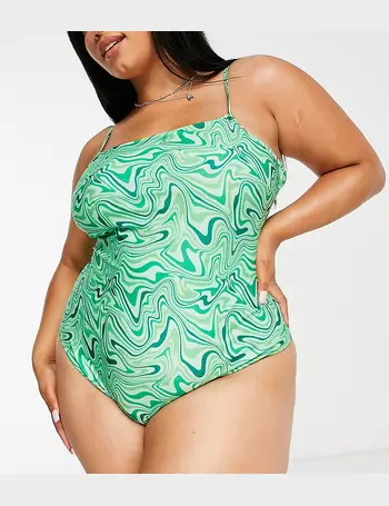 Brave Soul square neck swimsuit in green check cherry print