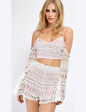 I Saw It First crochet crop top with fluted sleeves in stone