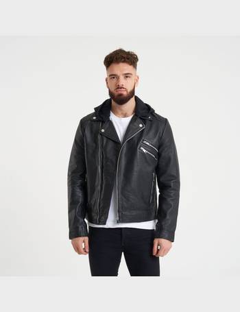 Men's Leather Biker Jacket with Quilted Ribbed Sleeves - Barneys