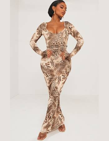 Brown Leopard Chiffon Lace Trim Strappy Maxi Dress