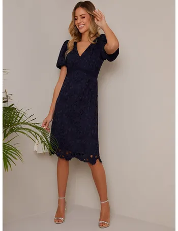 Cami Strap Floral Lace Bodycon Ruffle Hem Dress in Navy