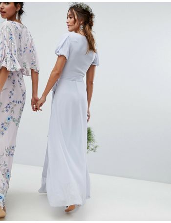 Tfnc wrap maxi bridesmaid dress with hot sale tie detail and puff sleeves