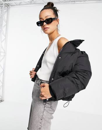 Topshop padded crop puffer jacket with hood in black