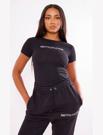Prettylittlething Black Logo Long Sleeve Bodysuit