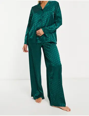 Loungeable Curve satin jacquard spot revere pyjama set emerald green