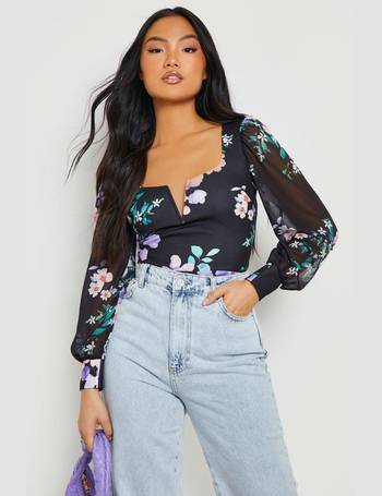 Ruched Floral Print Puff Sleeve Bodysuit