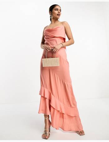 ASOS DESIGN satin corset premium bandeau mesh ruffle maxi dress in dusty  pink