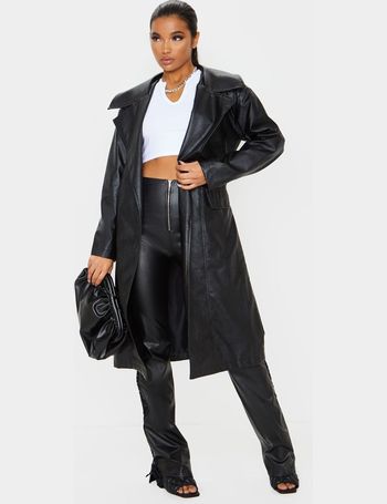 black faux leather curved lapel midi trench coat