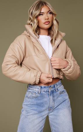Plt Camel Faux Leather Embossed Puffer Jacket