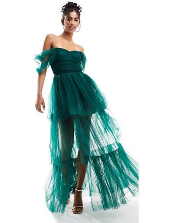 Lace & Beads exclusive off-the-shoulder tulle tiered maxi dress in sage  green