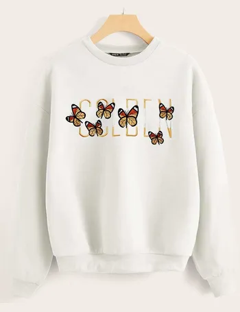 butterfly and letter embroidered drop shoulder sweatshirt