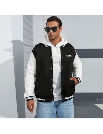 Men Letter Embroidery Two Tone Varsity Jacket