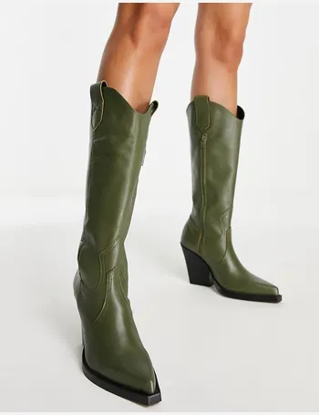 asos design cali premium leather heeled knee boots in green